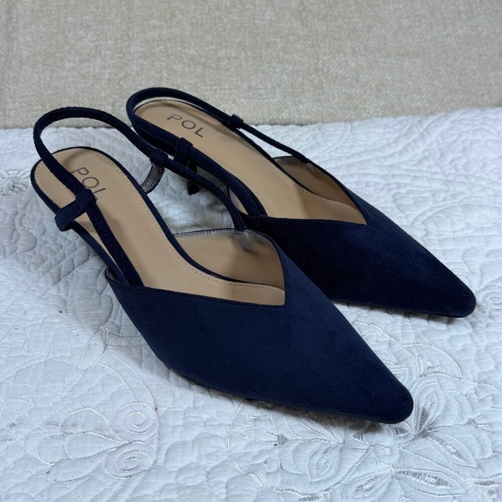 POL Women Blue 8.5 Suede Kitten Heel Slip On Dress Shoes Classic Comfort Pumps